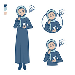 ヒジャブを身につけたアラビア人女性がスマートフォンを持ち困っているイラスト