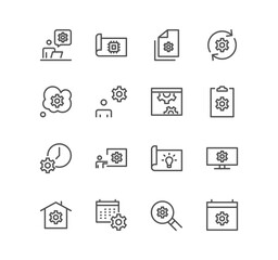 Set of engineering and gear icons, idea, tools, blueprint, gearwheel and linear variety vectors.