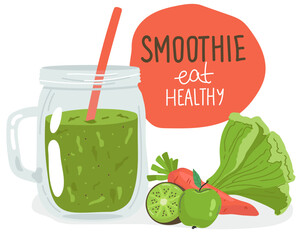 Template with hand drawn jar with smoothie in bright colors. Colorful Set of smoothies. Superfoods and health or detox diet food concept in hand drawing style.