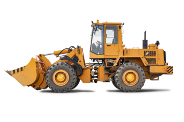 Heavy front loader or bulldozer on a white isolated background. construction machinery. Transportation and movement of bulk materials. Large bucket for earth, sand and gravel.