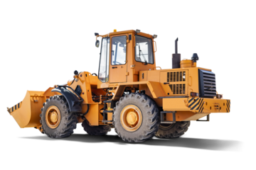 Heavy front loader or bulldozer on a white isolated background. construction machinery. Transportation and movement of bulk materials. Large bucket for earth, sand and gravel.