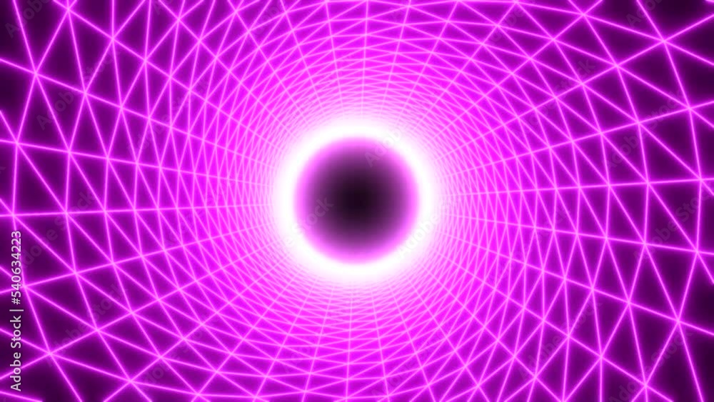 Poster blue and pink background. motion.a bright tunnel made of a grid on a black background that moves dee