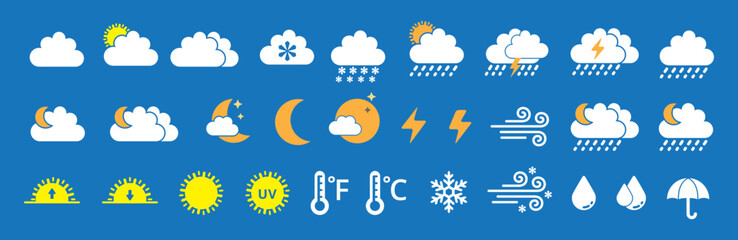 Weather icon set. Weather forecast icons for web. Simple flat symbol design for application and website button. Vector illustration. Contain symbols of sunrise, sunset, celsius fahrenheit thermometer.