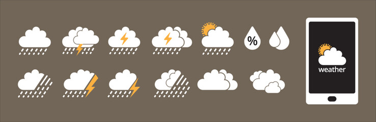 Weather icon set. Weather forecast icons for web. Simple flat symbol design for dark background application and website button. Vector illustration. Contain symbols of humidity, cloud, rain and storm.