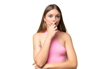 Fototapeta premium Young beautiful blonde woman over isolated background surprised and shocked while looking right