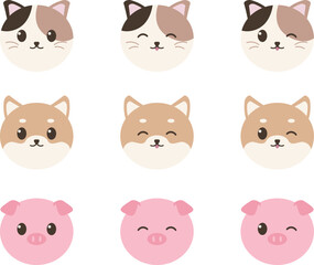 かわいい動物のお顔アイコン9種セット　三毛猫と柴犬とブタ