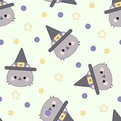 Seamless pattern of gray cats in a witch hat with stars and purple dots on a green background.