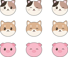 かわいい動物のお顔アイコン9種セット　三毛猫と柴犬とブタ　黒フチあり