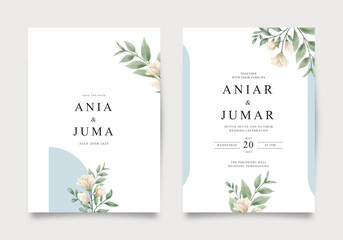 Elegant wedding invitation template with white flowers and green leaves