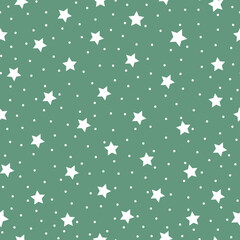 Seamless pattern white stars and dots on a green background. Vector background. Fashionable print for textiles and wallpaper.