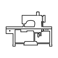 Black line industrial sewing machine for sew fabric cloth on white background outline icon flat vector design.