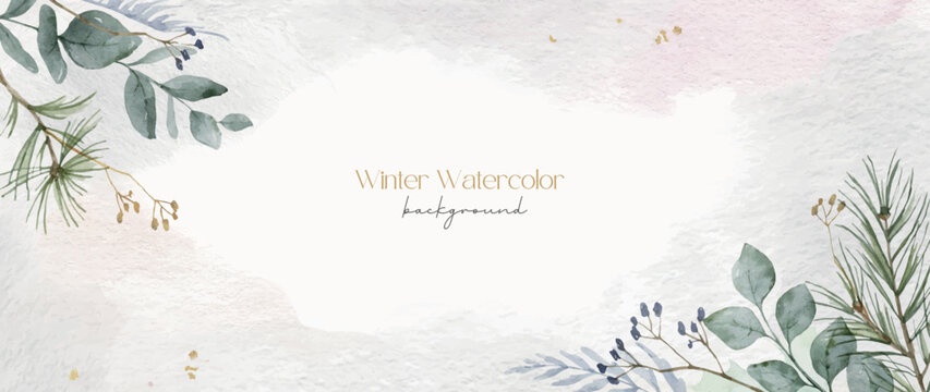Winter vector background in neutral tones with eucalyptus and spruce branches.