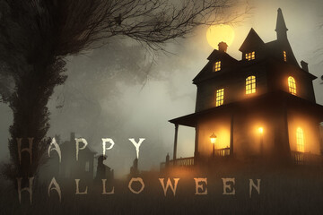 Fototapeta na wymiar a creepy haunted house with glowing orange lights and a full moon in the background and a happy halloween message below it that reads happy halloween