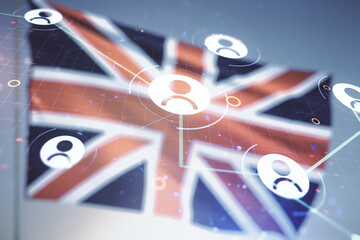 Abstract virtual social network concept on flag of Great Britain and sunset sky background....