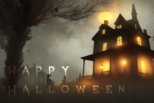 a creepy haunted house with glowing orange lights and a full moon in the background and a happy halloween message below it that reads happy halloween
