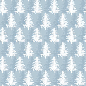 Christmas tree seamless vector pattern. Watercolor Noel firs print, winter frozen pine trees on blue background, wallpaper, wrapping paper design