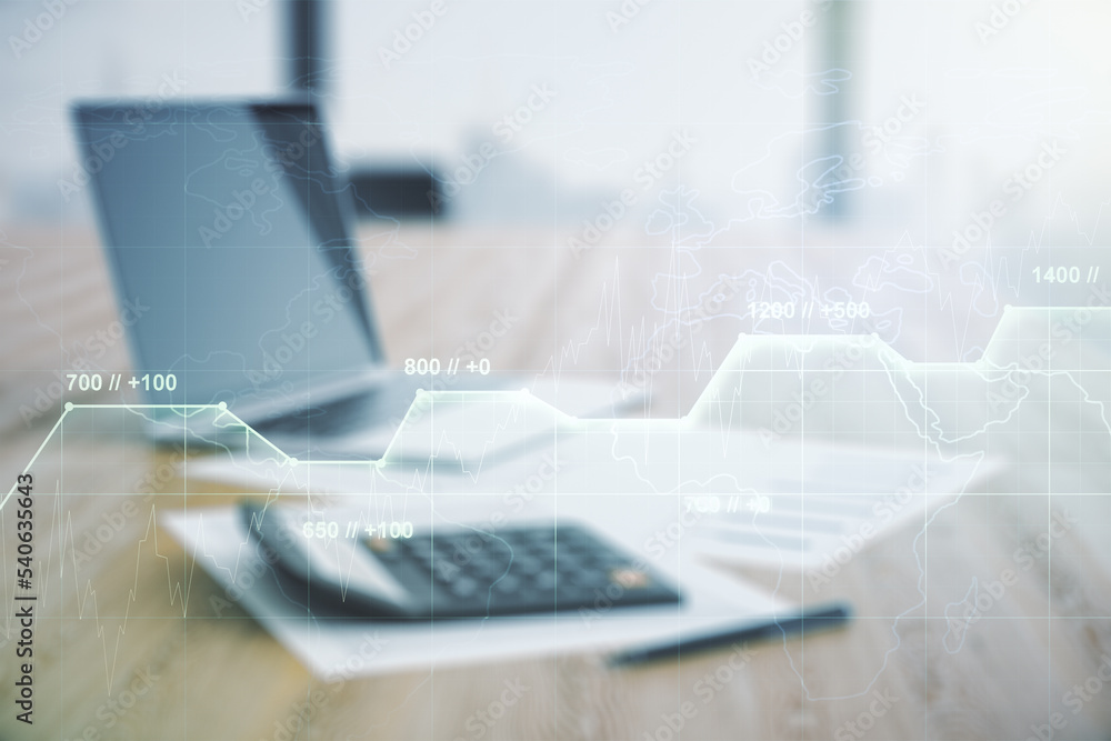 Poster double exposure of abstract creative statistics data hologram on calculator and pc background, analy