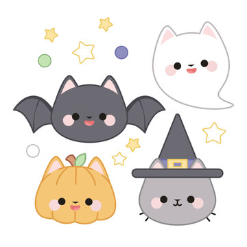 A set of a gray cat in a witch's hat, a pumpkin cat, a ghost cat and a cat bat with stars and green and purple dots.