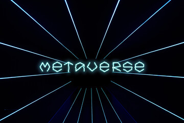 Blue background with laser beams and text Metaverse.