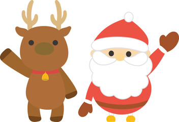 手を振っているサンタクロースとトナカイのイラスト
