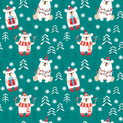 Cute bear in the winter forest celebrates christmas. Christmas print. Seamless pattern. 