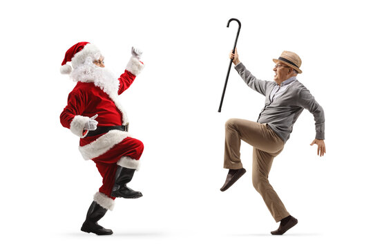 Full length profile shot of happy Santa Claus dancing with an elderly gentleman