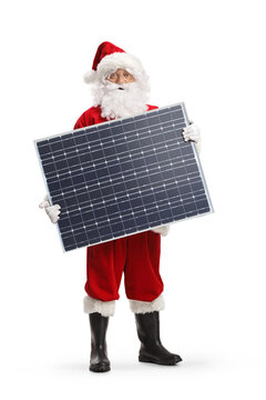 Santa claus holding a solar panel and smiling