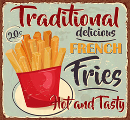 Vintage French Fries metal sign.Retro poster 1950s style.