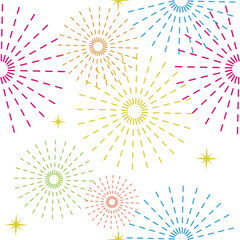 Celebration and party fireworks. Happy new year with fireworks and starts in flat icon design on light color background vector