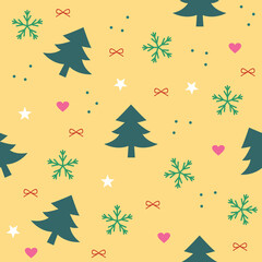Christmast icon vector seamless pattern, cute seamless pattern with Сhristmas decorations on green background, happy holidays tree and snowflakes icon