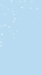 Falling snowflakes christmas background. Subtle flying snow flakes and stars on light blue winter backdrop. Beautifully falling snowflakes overlay. Vertical vector illustration.