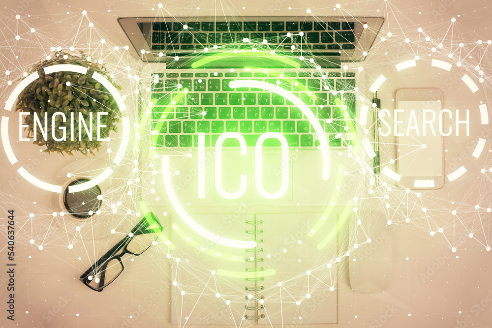 Poster blockchain theme hologram drawings over computer on the desktop background. top view. multi exposure