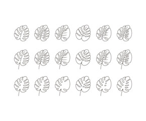 Monstera Lineart Tropical Set of Plant Green Leaves. Flat Monstera Vector Illustration Set Isolated on White.