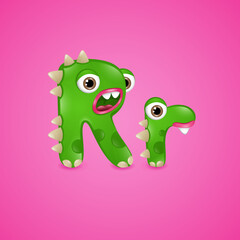 Monster alphabet letter R on pink background. Colourful ABC of cute monsters 