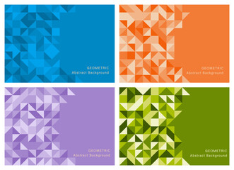 Abstract geometric background, set of 4 geometric wallpaper vector design, blue, green, purple and orange color, minimal background for backdrop, website banner, poster, book cover.