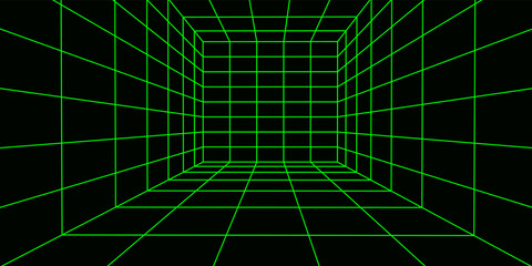 3d wireframe room in acid green. Abstract perspective grid. Retro futuristic concept. Vector illustration.