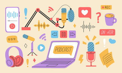 Set of different podcast stuff. Headphones, microphones, laptop, equalizer, speech bubbles. Hand drawn vector illustration isolated on colored background. Modern trendy flat cartoon style