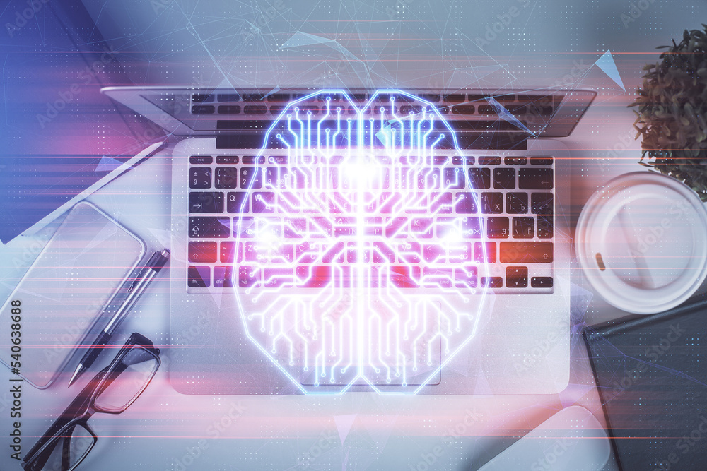 Aufkleber multi exposure of brain sketch hologram over topview work table background with computer. concept of