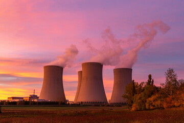 Nuclear power plant Temelin at sunset. Czech Republic.