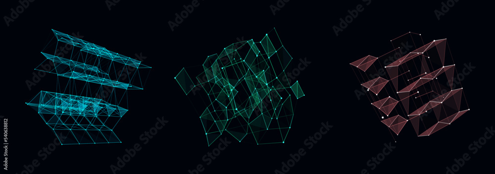 Poster set of futuristic multicolored wireframe cubes. technology blockchain concept. collection of digital