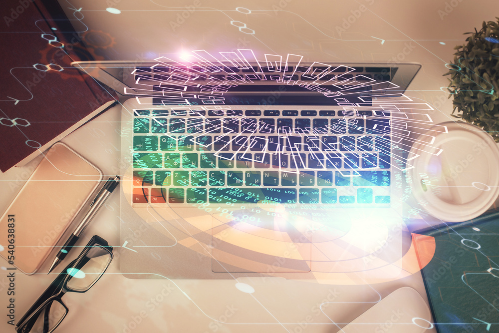 Poster Double exposure of data theme drawing hologram over topview work table background with computer. Concept of technology.