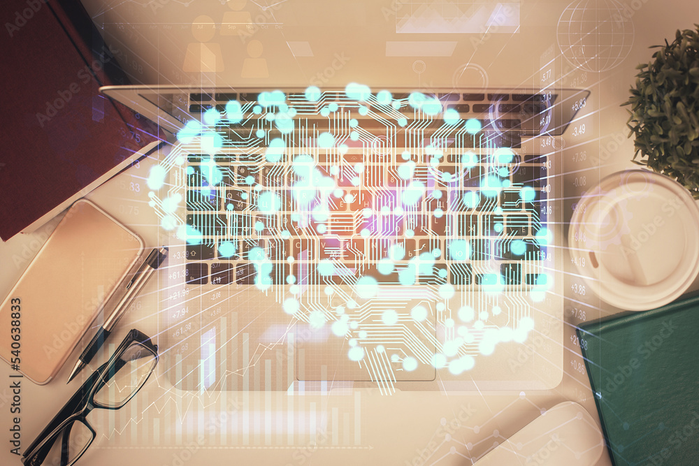 Aufkleber multi exposure of brain sketch hologram over topview work table background with computer. concept of