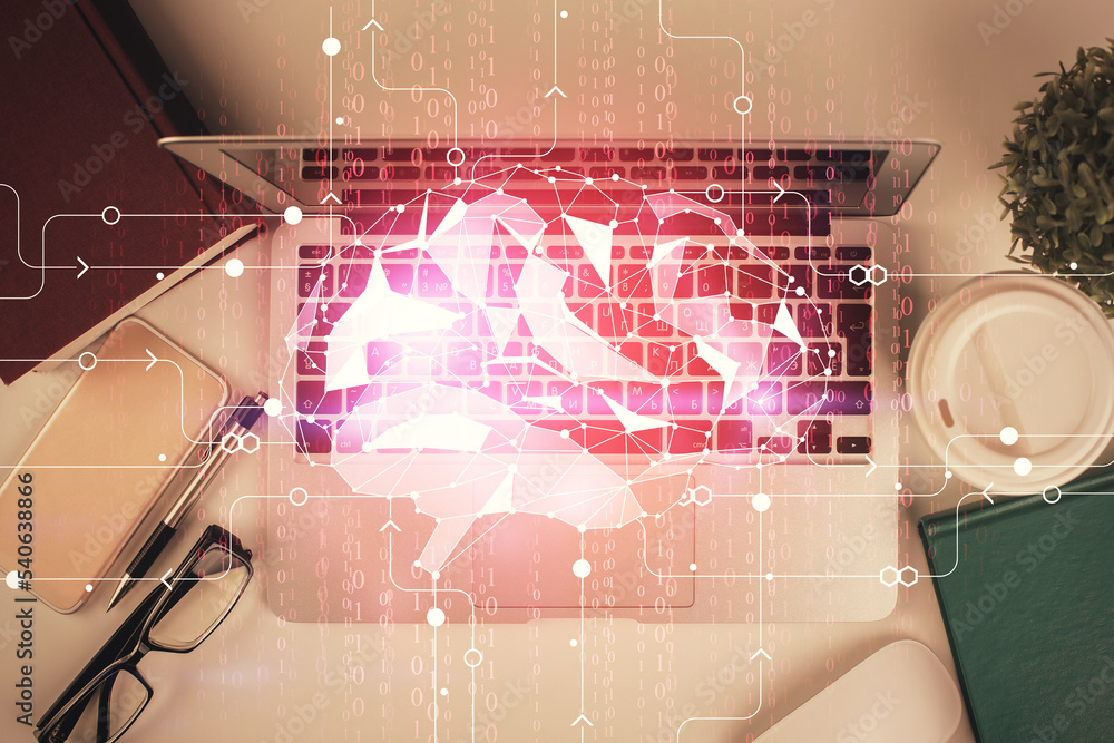 Aufkleber multi exposure of brain sketch hologram over topview work table background with computer. concept of
