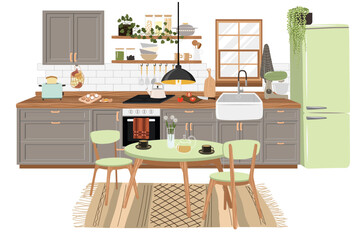 Kitchen with furniture set. Cozy room interior with table, stove, cupboard and dishes. Flat style vector illustration.
