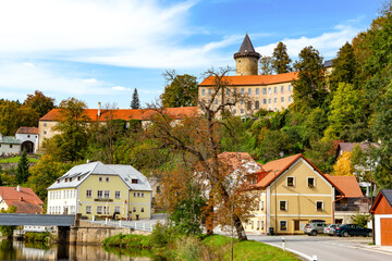 Fototapeta na wymiar Small ancient town and medieval castle Rozmberk nad Vltavou, Czech Republic.