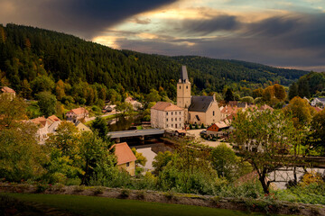 Fototapeta na wymiar Small town and medieval castle Rozmberk nad Vltavou, Czech Republic.