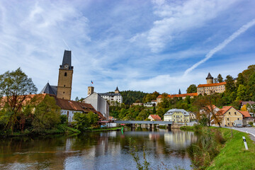 Naklejka na ściany i meble Small ancient town and medieval castle Rozmberk nad Vltavou, Czech Republic.