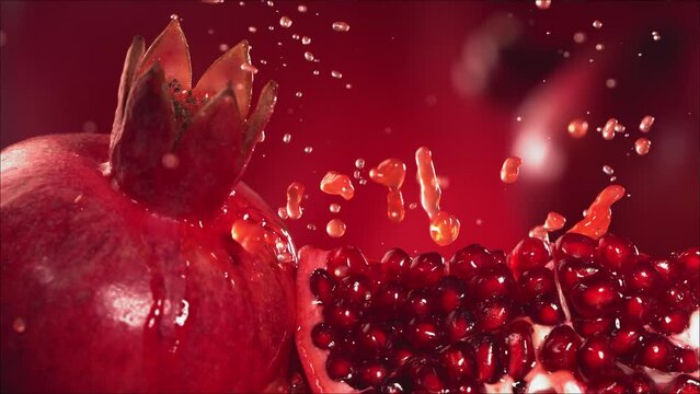 Slow Motion Shot of Pomegranate Juice Splashing through Pomegranate Slices