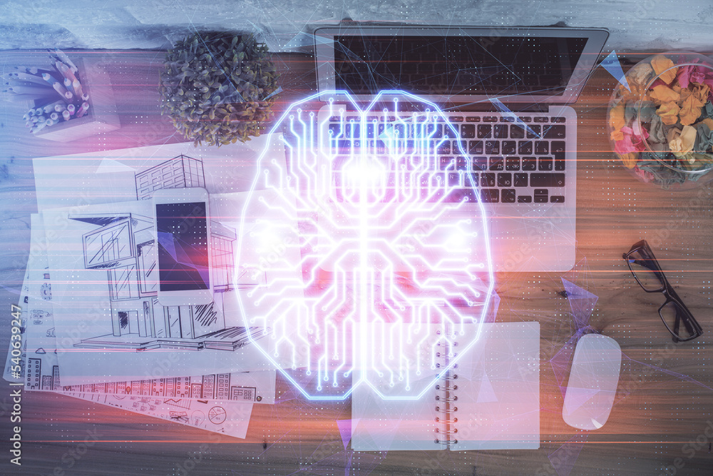 Aufkleber Double exposure of brain drawing hologram over topview work table background with computer. Concept of big data.
