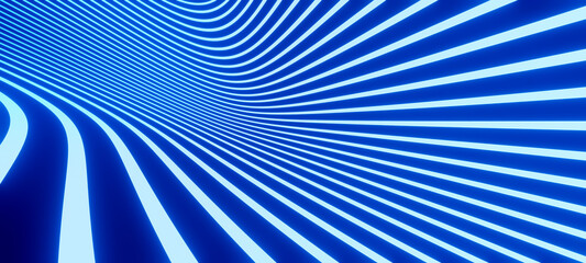 Bright blue neon abstract flowing bands, virtual background, digital technology, science or data concept, futuristic retro wave visualization 3D render illustration